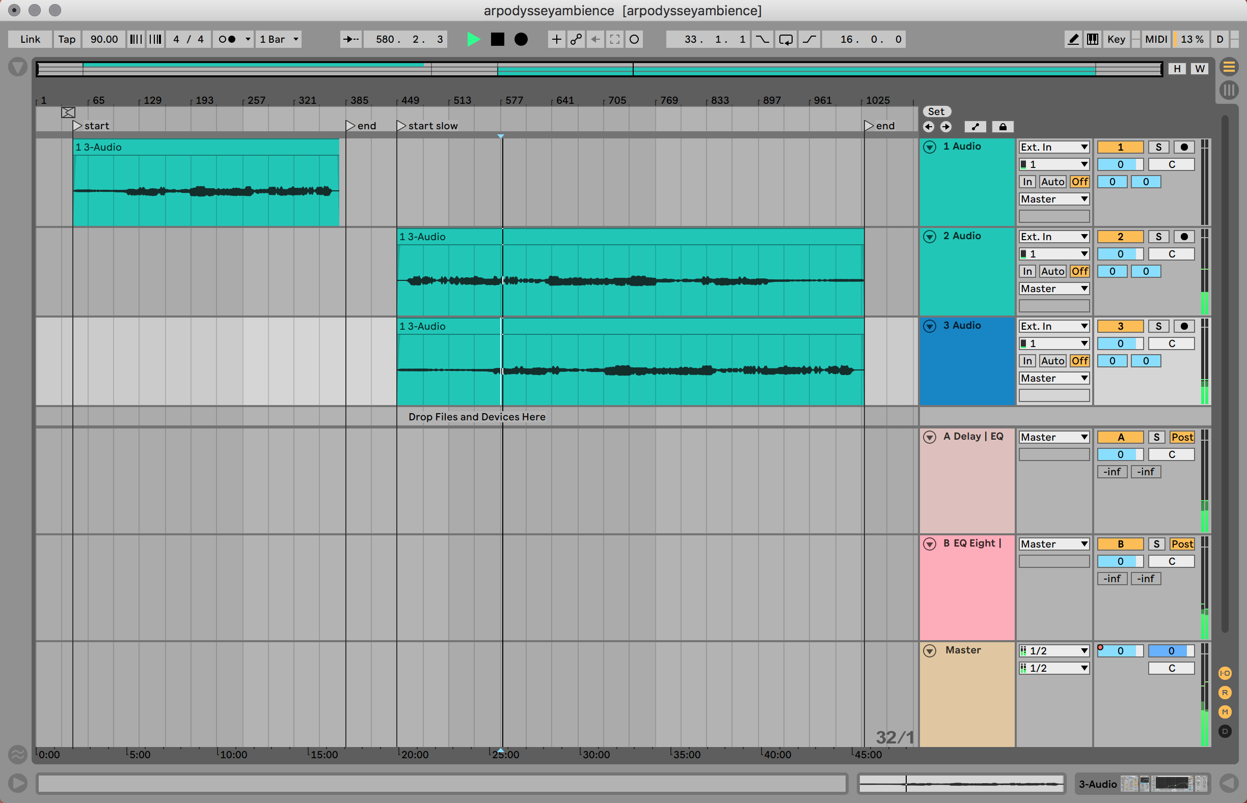View of the finished session file from Ableton Live. Not much to it when you're working on a sparse soundscape, on a single analog synthesizer... I didn't even name the audio tracks?